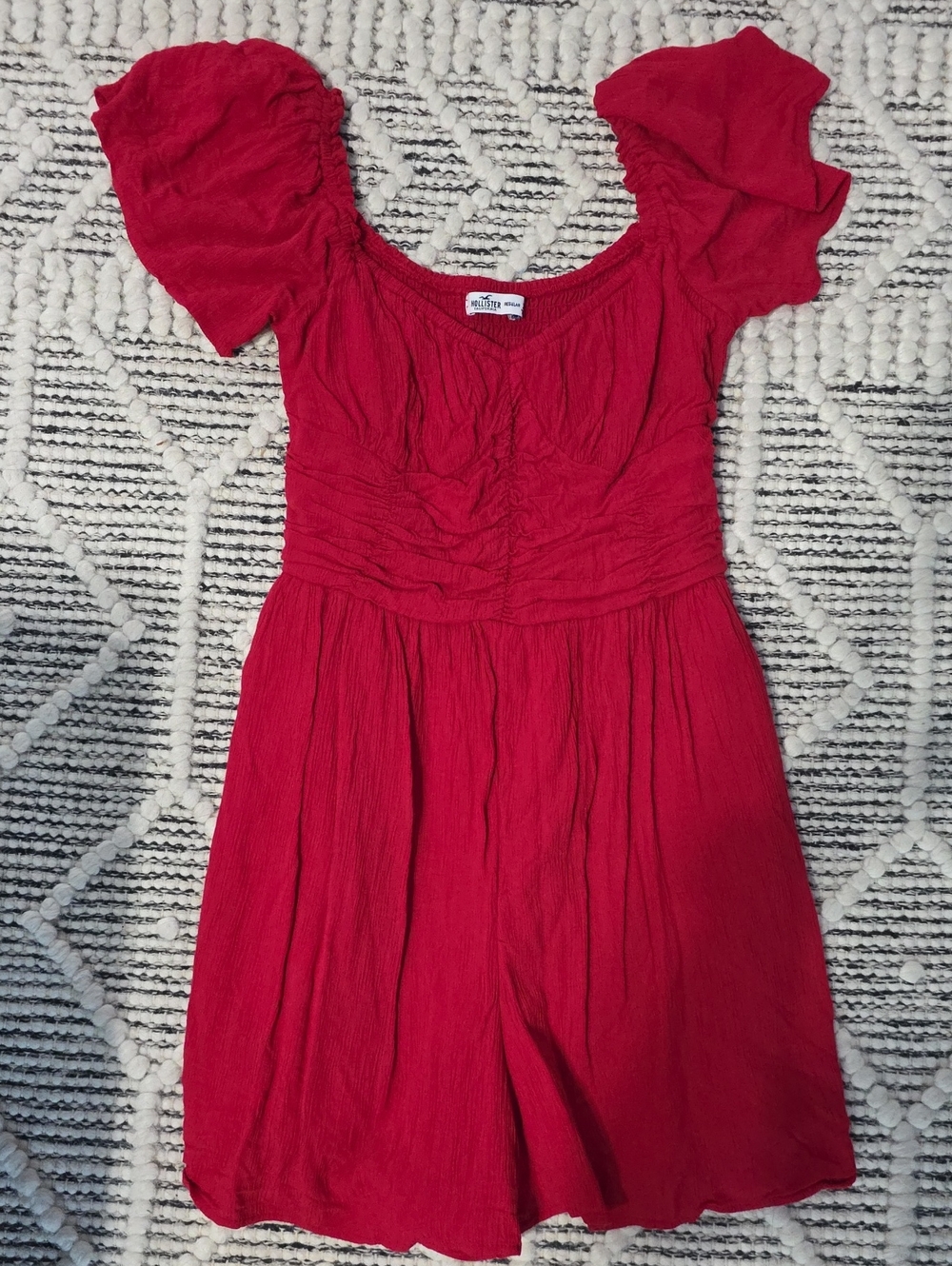 Hollister Red Puff-Sleeve Smocked Romper